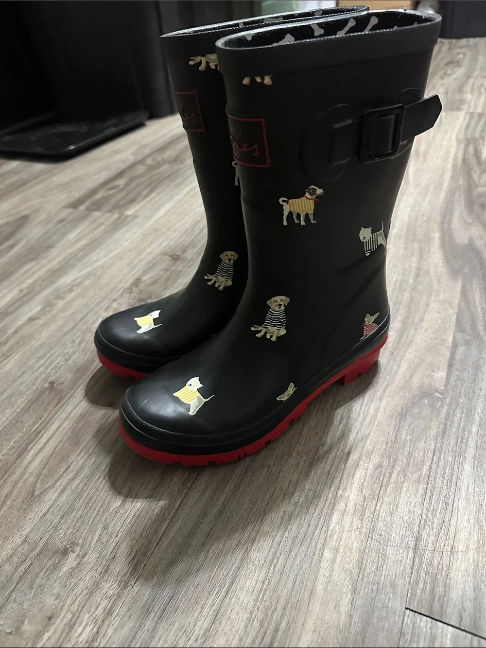 Joules Navy Kids Rain Boots with Red Sole and Dog Motif